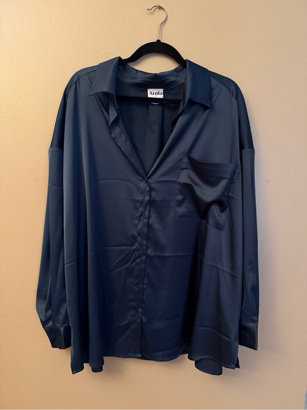 ARULA Navy Satin Overshirt with Branded Tag